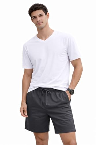Image of Men's Solid Cotton Lounge Shorts | Premium Soft Breathable Casual Shorts with Elastic Drawstring Waist | Regular Fit Above Knee for Home, Gym & Travel