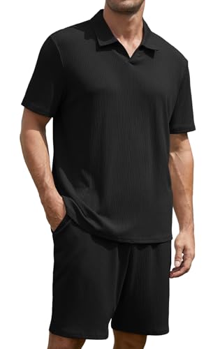 Anelune Trainingsanzug Herren Sommer Sportanzug Herren 2 Teiliges Kurzarm T-Shirts Kurze Hose Freizeitanzug für Jeden Tag schwarz L