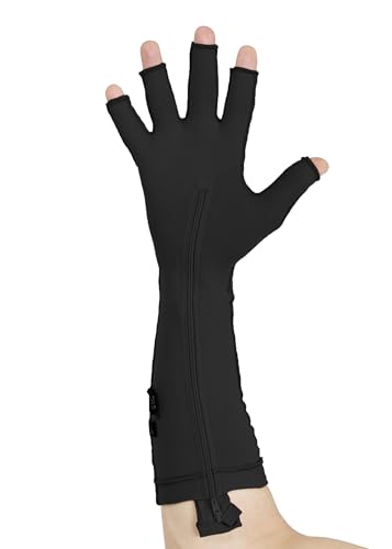 Medical Compression Hand Glove upto Mid-fore Arm | Inside ZIP | Open Fingers || HIGH COMPRESSION | COTTON | UNISEX | BURN Recovery Support | Control Swelling | (Black, Left Hand- M)
