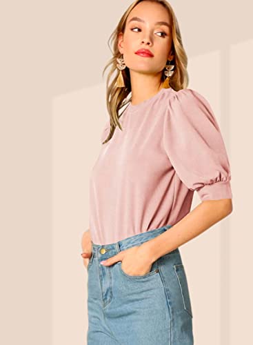 Image of Dream Beauty Fashion Women's Puff Sleeve Round High Neck Top Balloon Bishop Sleeve Elegant Casual Tee (23 inch Inches)- (Top Sofia P)