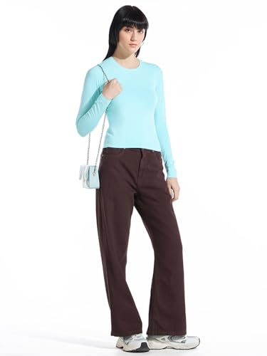 Image of Bewakoof Women's Solid Slim Fit Full Sleeve Round Neck Cotton Lycra Blend Top