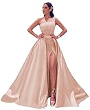 One Shoulder Prom Dresses 2022 Sparkly Sequin Satin Ball Gown Formal Evening Dresses for Women with Slit Rose Gold Size 2