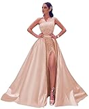 One Shoulder Prom Dresses 2022 Sparkly Sequin Satin Ball Gown Formal Evening Dresses for Women with Slit Rose Gold Size 8