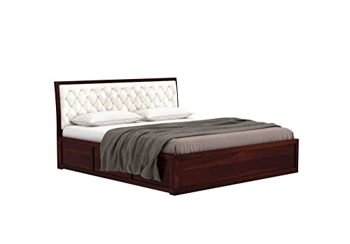 Image of Luxury Upholstered Queen Size Bed with Storage | Soft Fabric Padded Quilted Headboard | Strong Sheesham Wood Frame | Modern Wooden Bed for Bedroom Home & Hotel (Walnut Finish, Queen)