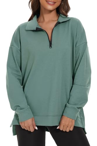 APEIYU Womens Long Sleeve Sweatshirts Loose Pullover for Ladies Casual Tops Classic Solid Color Lapel Zipper Sweatshirts Green M