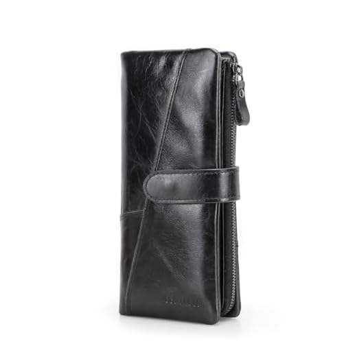 CONTACTS Carteira Feminina Longa em Couro Legítimo com Zíper, 18 Porta-Cartões, Bolso para Celular com Zíper, 2 Porta-Fotos, Compartimento para Notas e Fecho de Metal Duplo, Luxo– Cor Preto