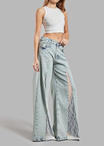 CHARTOU Low Rise Wide Leg Jeans Woman Baggy Lace Patchwork Flare Y2k Jeans Bell Bottom Denim Pants Summer2