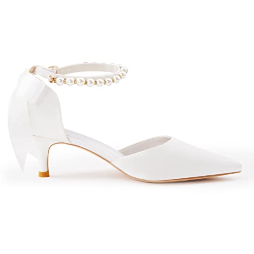 Coutgo Womens Pearl Ankle Strap Pumps Low Kitten Heel D'Orsay Satin Back Tieknot Heels Pointed Toe Wedding Party Dress Shoes4