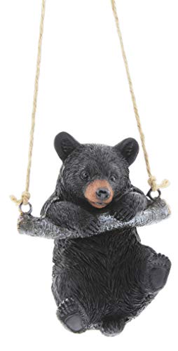 Playful Resin Black Bear on a Rope Hanging Figurine (Swinging)