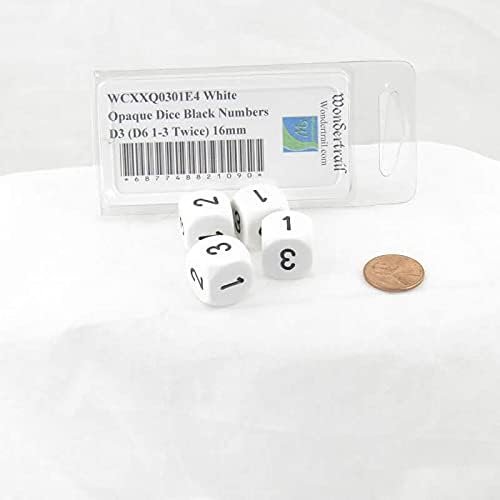 Miniatura 2 de Wondertrail Dados opacos blancos con números negros D3 (D6 1-3 dos veces) 0.630 in (5/8 pulgadas) Paquete de 4