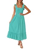 ZESICA Women's 2025 Summer Boho Spaghetti Strap Square Neck Solid Color Ruffle A Line Beach Long Maxi Dress,Aqua,Medium