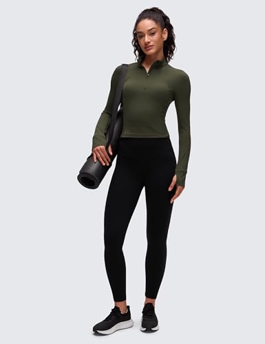 Image of CRZ YOGA Butterluxe Half Zip Crop Top | Workout, Extremely Soft, Slim Fit, Thumbholes, Side Pocket, Long Sleeve Shirts for Women