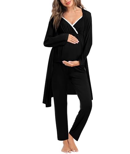 SWOMOG Maternity Nursing Robe Set 3 Piece Breastfeeding Pajamas 3 in 1 Labor Delivery Sleevless Tops&Long Pants Pregnancy Pjs