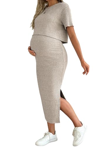 SweatyRocks Zweiteiler Damen Elegant Umstandsmode Strick Set Winter Rock Und Oberteil Im Set 2 Teiler Herbstmode 2025 Umstandskleid Aprikosenfarben M