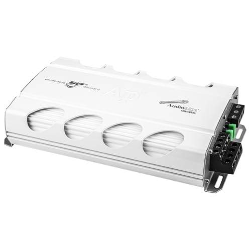 Audiopipe Mini Design 4-Channel Mosfet Marine/Boat Amplifier (APMRQ-4095), 1300 Watts, Class A/B, Compact Design, Weatherproof, Remote Control, Perfect for Boats, Marine Sound Systems, White