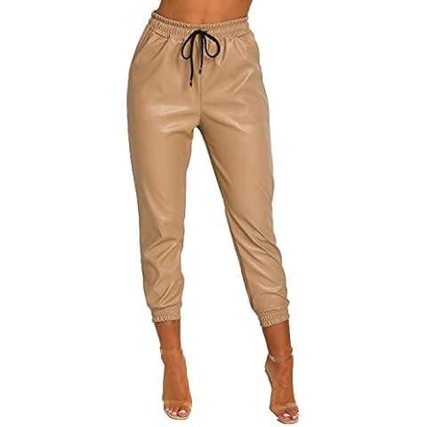 Womens Ladies Faux Leather High Waist Joggers Jogging Bottoms Pants Trousers (12, Camel) Cover