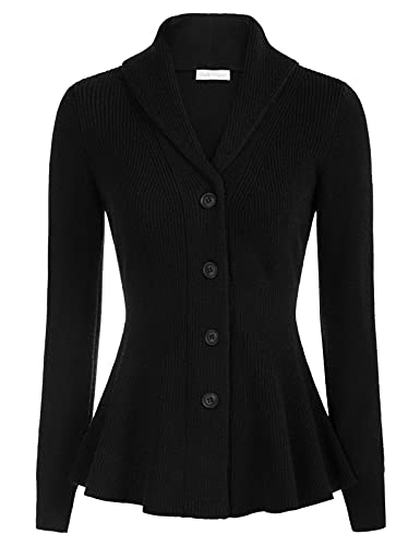 Damen Strickjacke Vintage Schick Lange Ärmel Schalkragen Rüschensaum A-Linie Strickmantel Schwarz S