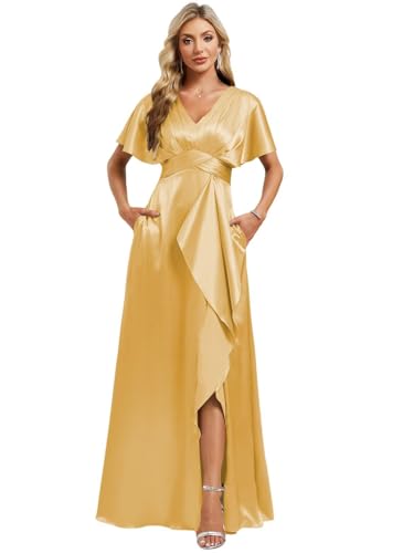 Image of Elegant Satin Bridesmaid Dress with Sleeves Ruffles High Silt Formal Dresses Long for Women Fall DIN022
