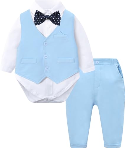 mintgreen Completo Elegante Bambino, Abito Bimbo Battesimo Body Cappotto Vestiti Set, Blu Cielo, 6-9 Mesi, 70