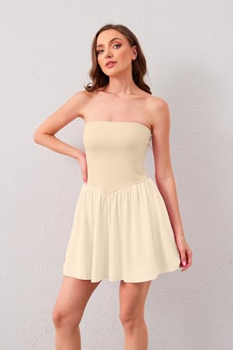 Image of Tube Top Dress for Women Summer Solid Strapless Flowy Mini Dresses Patchwork Pleated Drop Waist Flared Party Dress Beige, Large