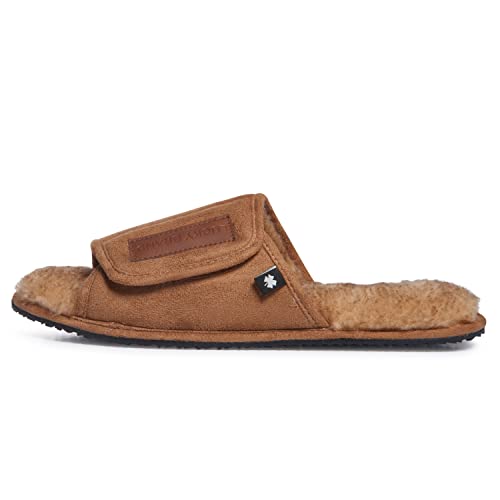 Image of Lucky Brand Mens Microsuede Memory Foam Open Toe Slippers, Cool Adjustable Strap Indoor Outdoor House Sliders for Men