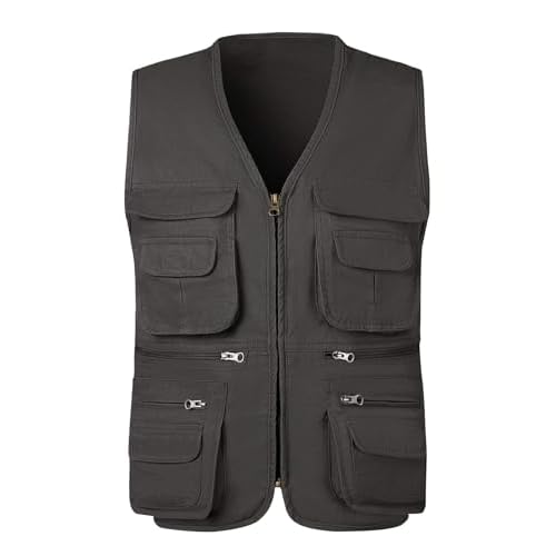 KTWOLEN Herren Outdoor Weste Baumwolle Anglerweste Freizeit Jagd Trekking Wander Angler Camping Safari Weste Ärmellos Jacke mit vielen praktischen Taschen, Holzkohle, 3XL