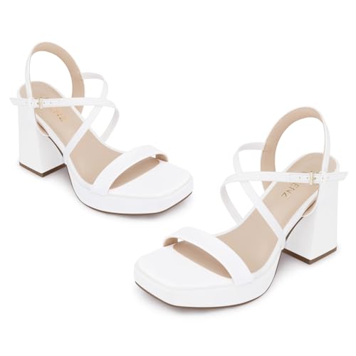 Image of CELLENZ Women Chunky Platform Heels: 3.9 Inch High Heel Prom, Wedding, Party, Square Open Toe Heeled Sandals, Strappy Comfortable Sexy Dressy Shoes