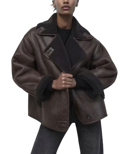 chouyatou Women's Winter Sherpa Lined Faux Leather Jacket Casual Motorcycle Oversized Leather Jacket