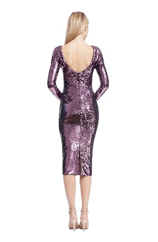 Dress the Population Womens Emery Long Sleeve Stretch Sequin Midi Sheath Special Occasion, Deep Purple, X-Small US4