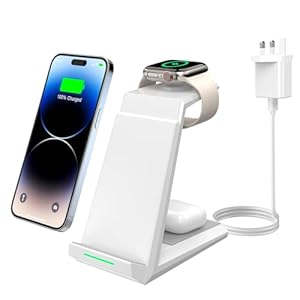 Wireless Charger 3 in 1 - ADADPU 15W Fast Charging Station for Apple iWatch Series 10/9/8/7/6/SE/5/4/3/2 Charger Stand for Multiple Devices iPhone 17/16/15/14/13/12/11 Pro Max/XS/XR/X Airpods-White