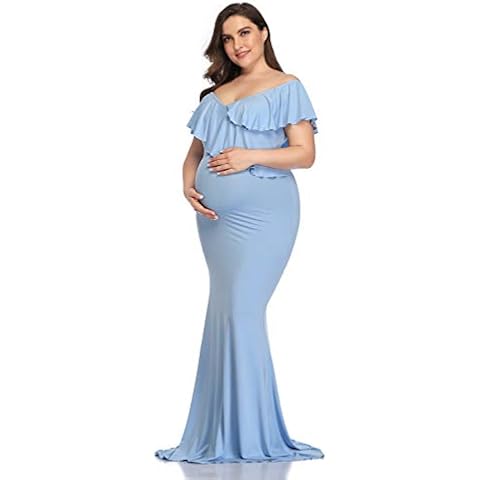 Mommy Jennie Long Maternity Dress for Photoshoot Stretchy Pregnancy Ruffle Maxi Photography Dress for Baby Shower,Sky Blue,M Cover