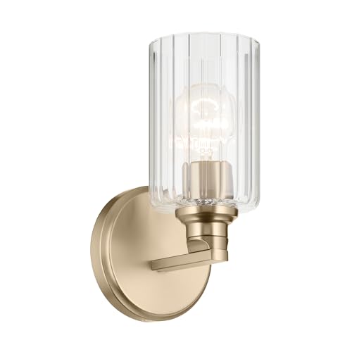 Image of Kichler Gioe 5 inch 1-Light Wall Sconce Bathroom Vanity Light with Clear Fluted Glass in Champagne Bronze, Damp Rated for Powder Room, Kitchen, Hallway, Bedroom (5 inch W x 9.5 inch H), 55224CPZFLU