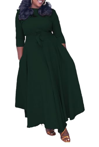 Image of Hostoyo Women Plus Size Formal A Line Maxi Dress Self Tie Waist with Pockets Elegant Round Neck Swing Long Dresses