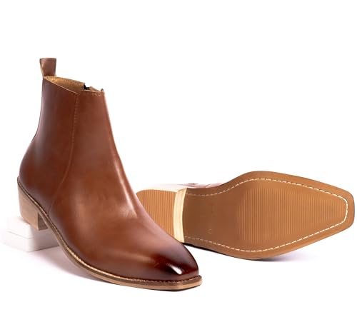 Image of LOZANO Italian Cut Classic Leather Chelsea Boots for Men | High Ankle Cuban Heel Square Toe Zip Closure Cushioned Insole Boot