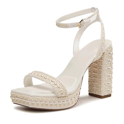 Goolita Womens Open Toe Pearl Platform Heels For Women Chunky Buckle Ankle Strap Wedding Heeled Sandals Dress Evening Bride Bridal Shoes