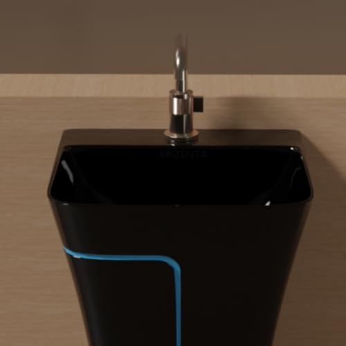 Image of Pedestal Wash Basin, Ceramic One Piece Wash Basin for Bathroom & Living Room, Modern Home Wash Basin with Glossy White Finish (L15XW15.8XH35 Inch) (Black + T. Blue Line)