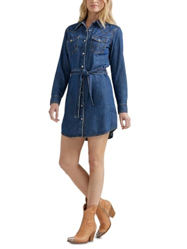 Wrangler Womens Retro Long Sleeve Western Denim Snap Casual Dress, Dark Denim, Large US