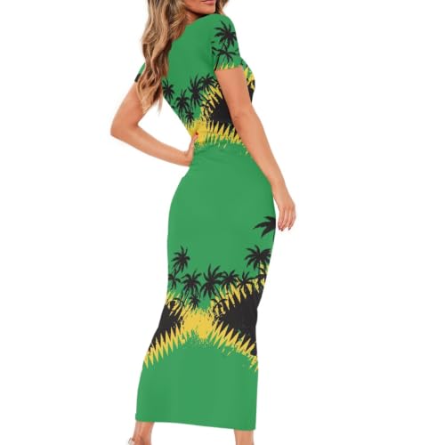 Image of Womens Short Sleeve Jamaican Flag Midi Bodycon Dress