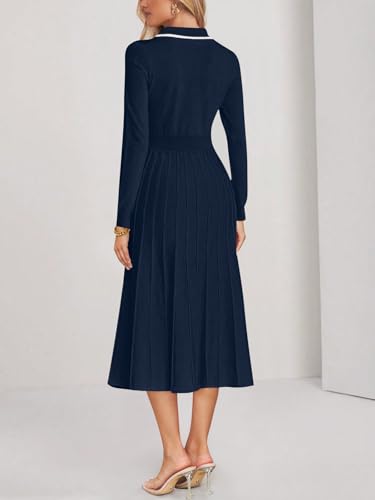 MIROL Women's Pleated Contrast Sweater Dress 2025 Fall Long Sleeve Button Lapel Collar Maxi Bodycon Dress3