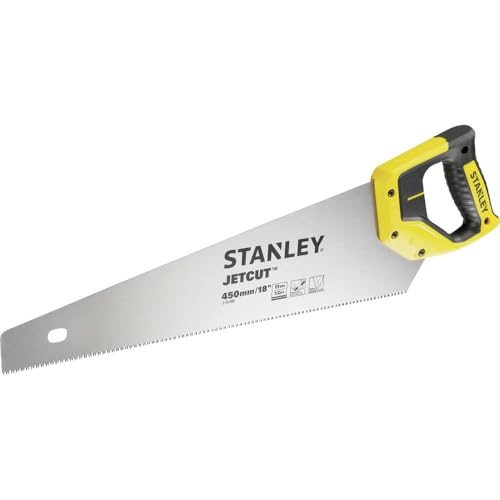 STANLEY Serruchos Jet Cut Fine para PVC, longitud de 450mm, Aserrado Rápido y Acabado Fino, Mango Ergonómico Bimateria, Marcas de 45° y 90°, 11 Dientes por Pulgada, 2-15-595