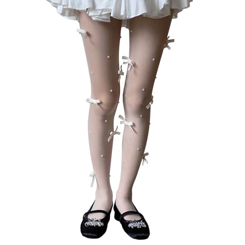 Image of SOLILOQUY Women Y2K Lolita Sheer Tights Bow Knot High Waist Footed Pantyhose Stockings See-Through Stretchy Leggings