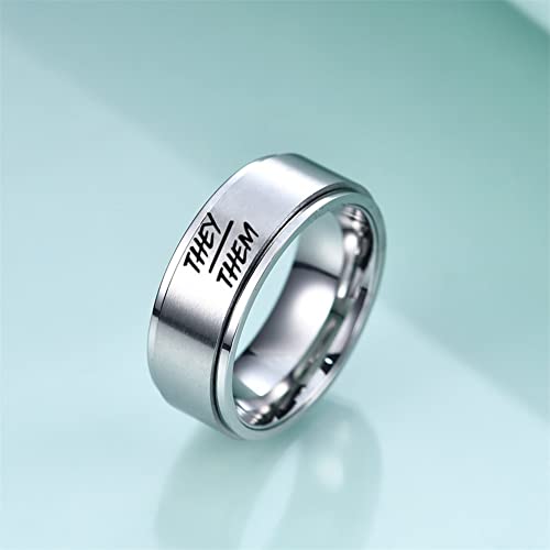 They Them Pronoun Jewelry - Stainless Steel They Them Nonbinary Rotatable Anxiety Relieve Spinner Ring, NB Pride LGBTQ Genderqueer Finger Ring Bisexual Transgender Wedding Band for Him Her,Size 7-124