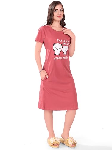 Image of Printed Knee Length Pocket Night Dresses for Women | Cat Lovers | Premium Soft Cotton Nighty | Sky Blue
