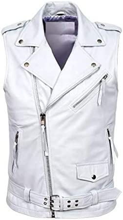 Lishow Fashion Men's Biker Rocker Rider motorcycle Club Genuine Cowhide White Leather Sleevless vest (as1, alpha, m, regular, regular, white)