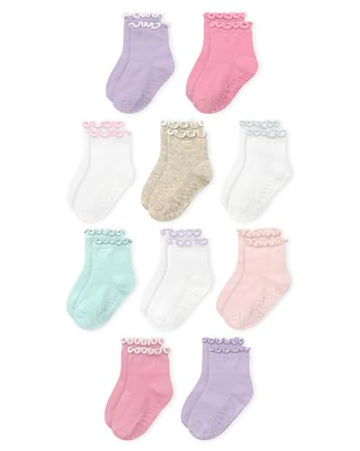 Fruit of the Loom Ruffle Socks for Girls - Cotton Grip Socks for Baby & Toddler - Pink & Lilac (6-12 Months)