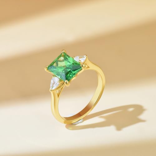 S925 Sterling Silver Electroplated with 18K Gold Emerald Square Main Stone Ring Simple and Stylish Versatile Inlaid Zircon Women's Hand Jewelry Proposal Engagement Ring, Size 6-82