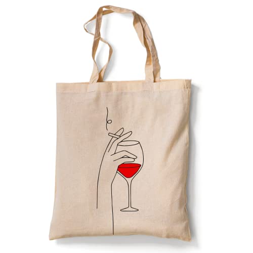 tradercat Jutebeutel bedruckt vintage 100% Baumwolle, Stoffbeutel bedruckt, One Line Art Woman Silhouette , jutebeutel aesthetic als modisches Accessoire jutebeutel spruch (Wine and Cigarette) Cover