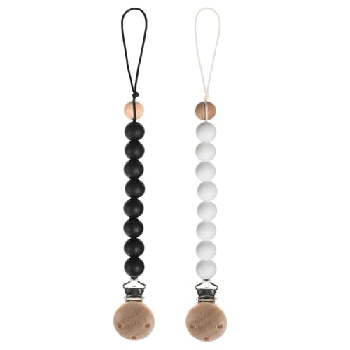 Image of Dirbabi Silicone Pacifier Clips for Baby, 2-in-1 Pacifier Holder & Teething Ring Toy, BPA Free, 2 Pack (White+Black)