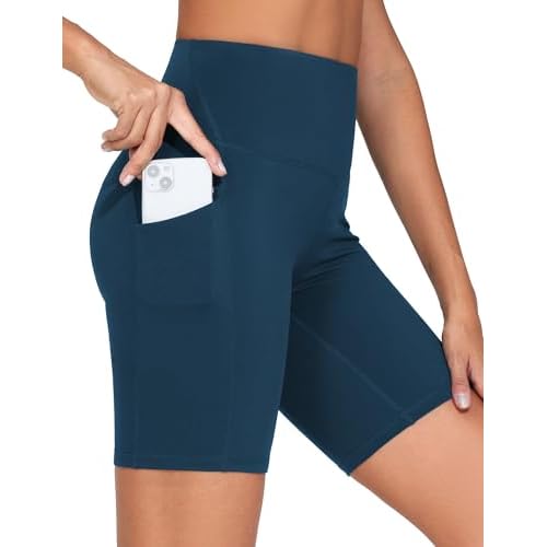 THE GYM PEOPLE Women's High Waist Workout Shorts Stretchy Tummy Control Yoga Biker Running Shorts with Pockets Regular Fit X-Large Dark Blue Green