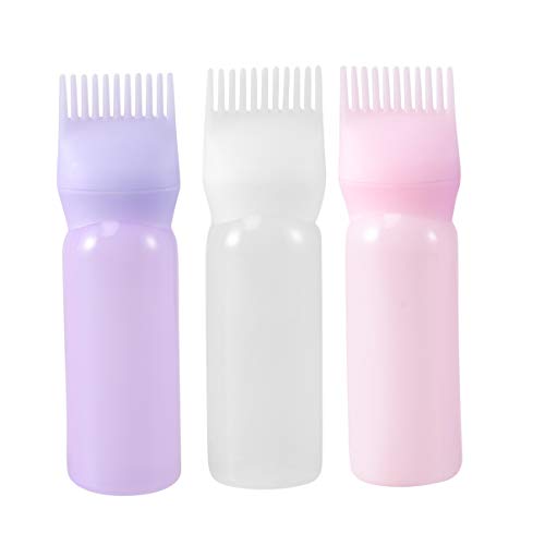 Lurrose 3pcs Hair Dye Bottle Root Comb Applicator Dispensing with Graduated Scale Salon Hair Coloring, Dye and Scalp Treament Essential (White Purple Pink)
